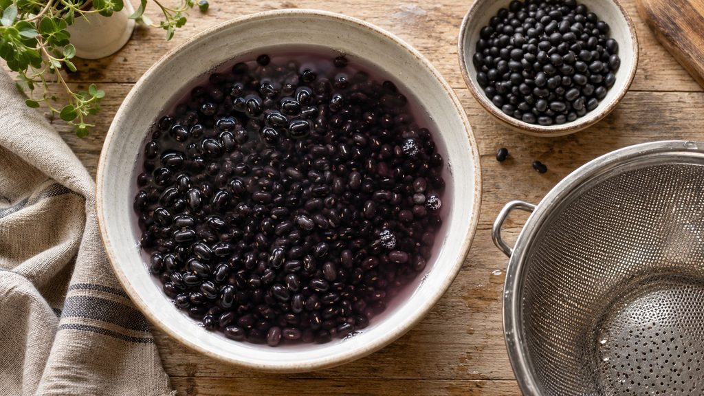 Michigan Black Beans Soaking In A Ceramic Bowl Beside Dry Beans And A Metal Strainer
