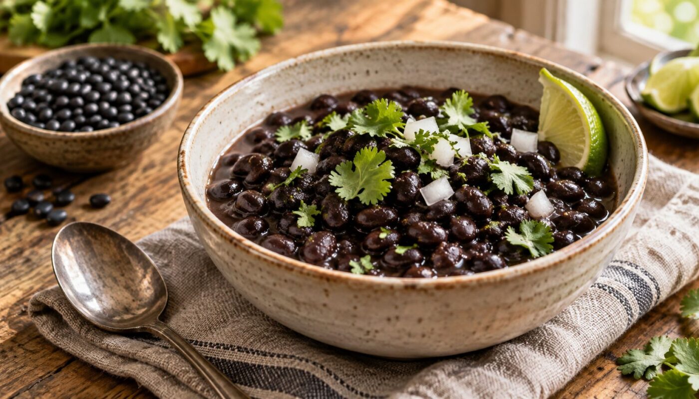 Bowl Of Cooked Black Beans With Cilantro, Chopped Onion And Lime