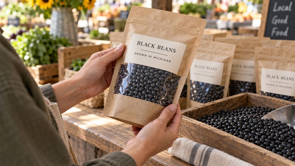 Shopper Examines A Bag Labeled “Black Beans — Grown In Michigan” At A Farm Market.