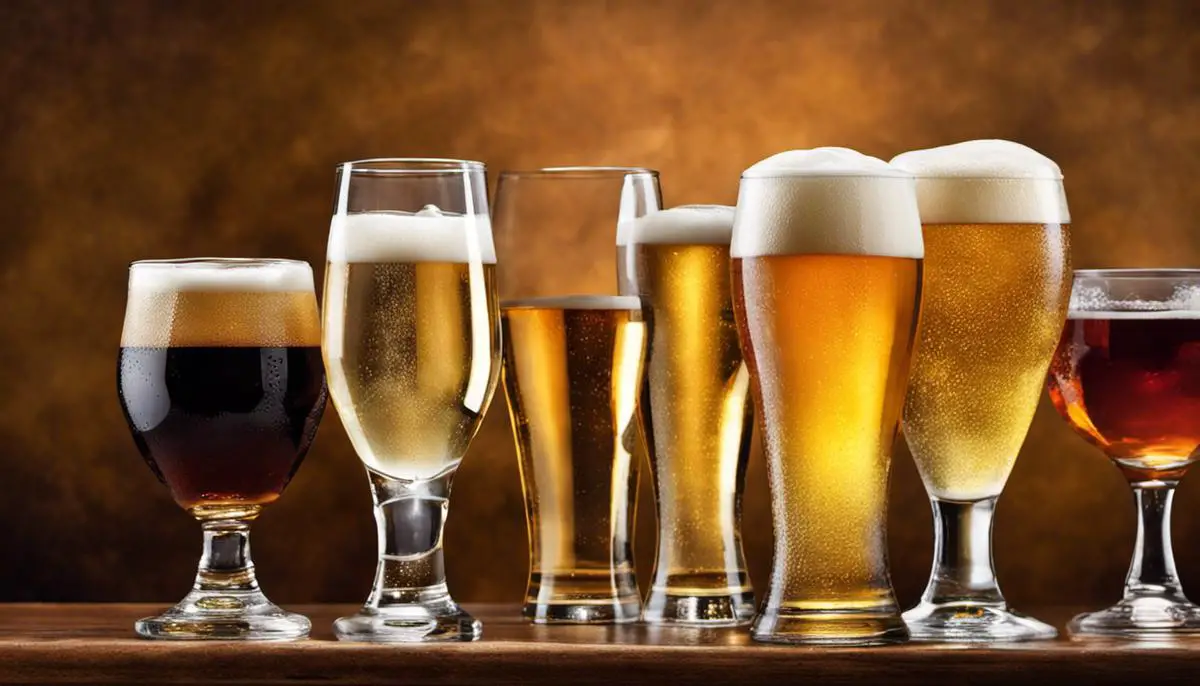 Image Of Various Low Alcohol Light Beers Poured Into Glasses.