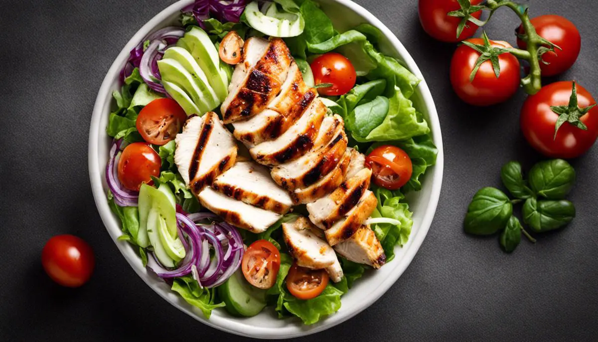 An Image Depicting A Healthy Salad Bowl With Fresh Vegetables, Grilled Chicken, And A Light Dressing.