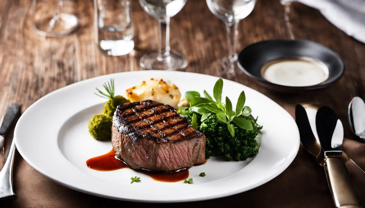 A Luxurious Dining Setting With Elegantly Plated Steak Dishes