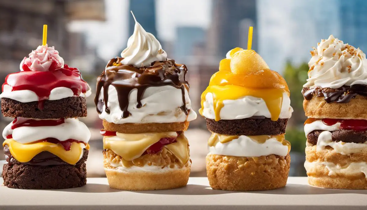 A Variety Of Mcdonald's Sundaes Stacked Next To Each Other