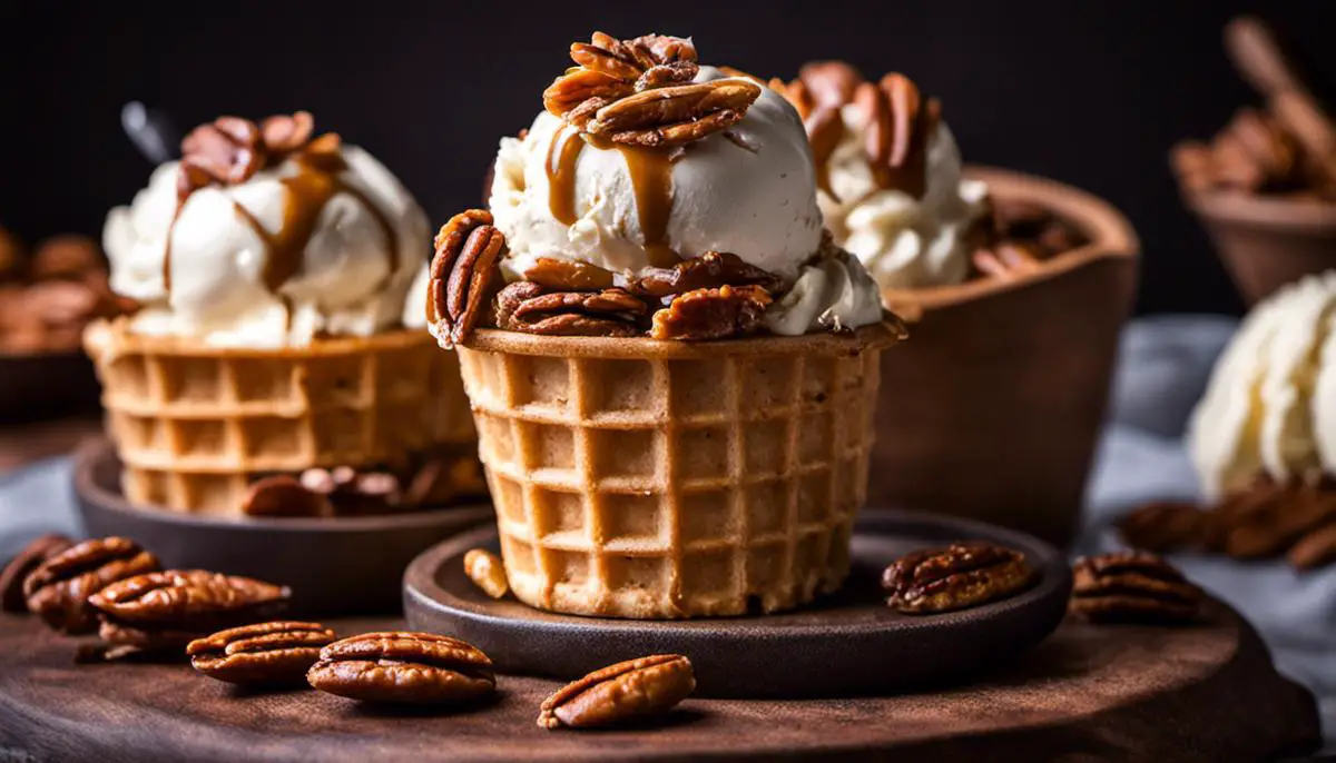 An Image Of A Scoop Of Bourbon Ball Ice Cream With Bourbon-Soaked Pecans On Top, Served In A Waffle Cone.