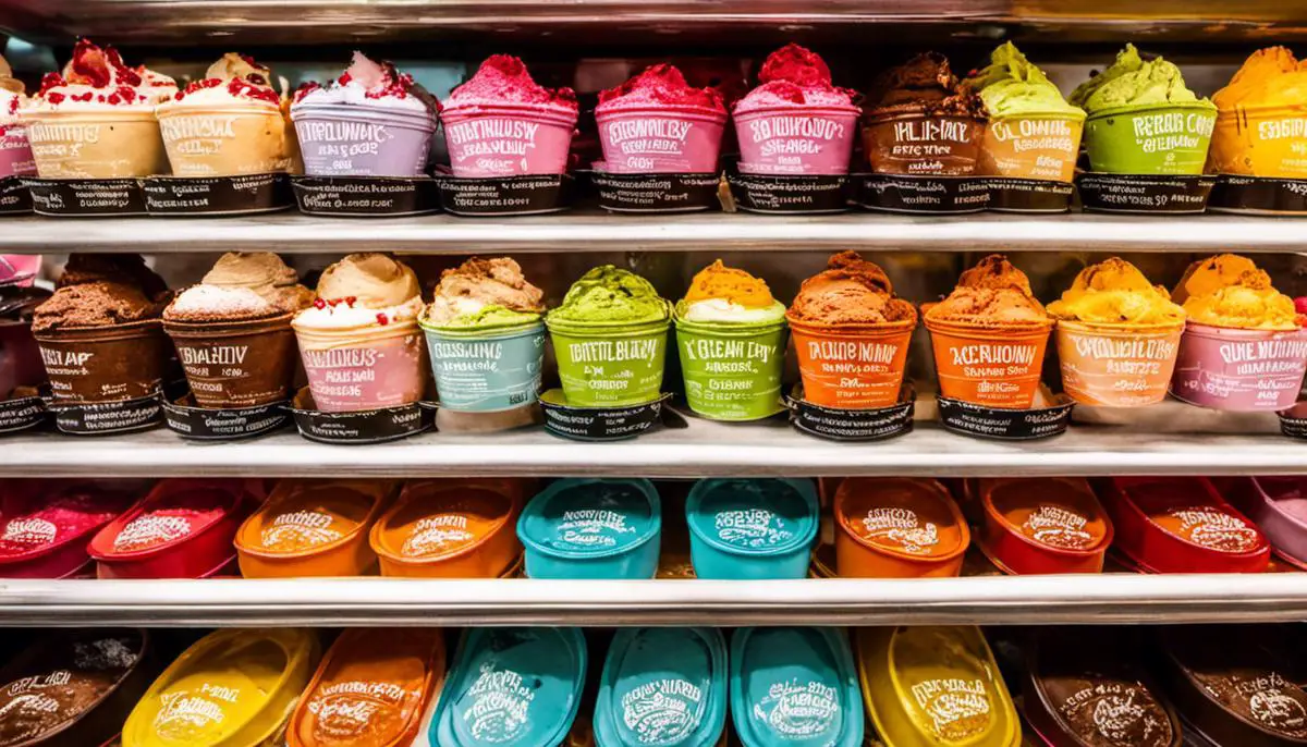 A Colorful Display Of Delicious Ice Cream Flavors At Bi-Rite Creamery, San Francisco.