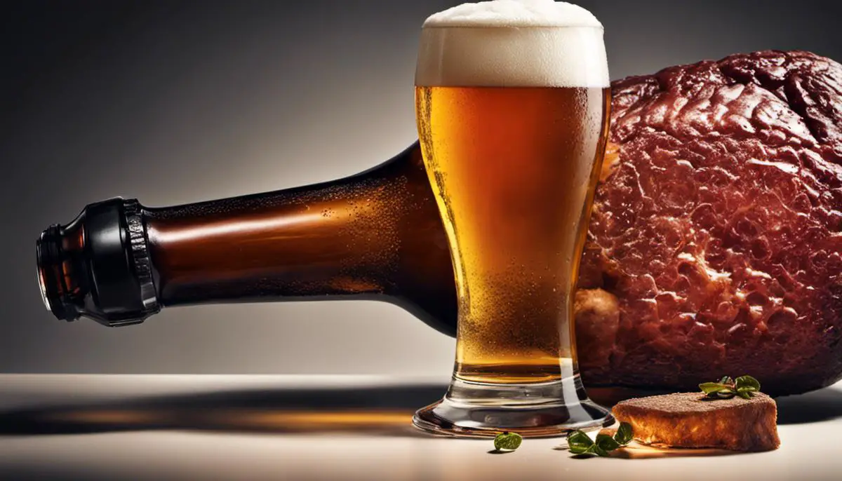 A Glass Of Beer Next To A Bottle Of Meat