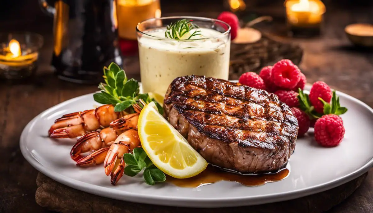 A Succulent Steak With Grilled Shrimp, Cheesecake, And A Tall Glass Of Raspberry Lemonade.