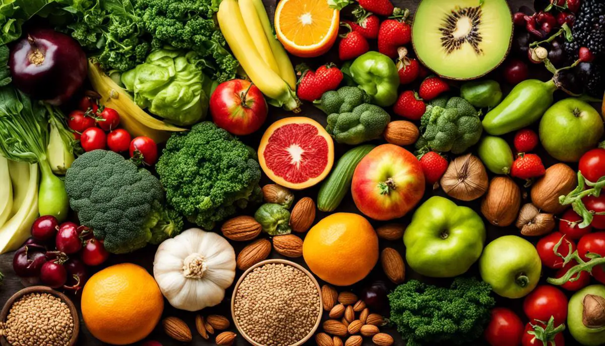 An Image Of Fruits, Vegetables, Grains, Legumes, Nuts, And Seeds Symbolizing A Vegan Diet.