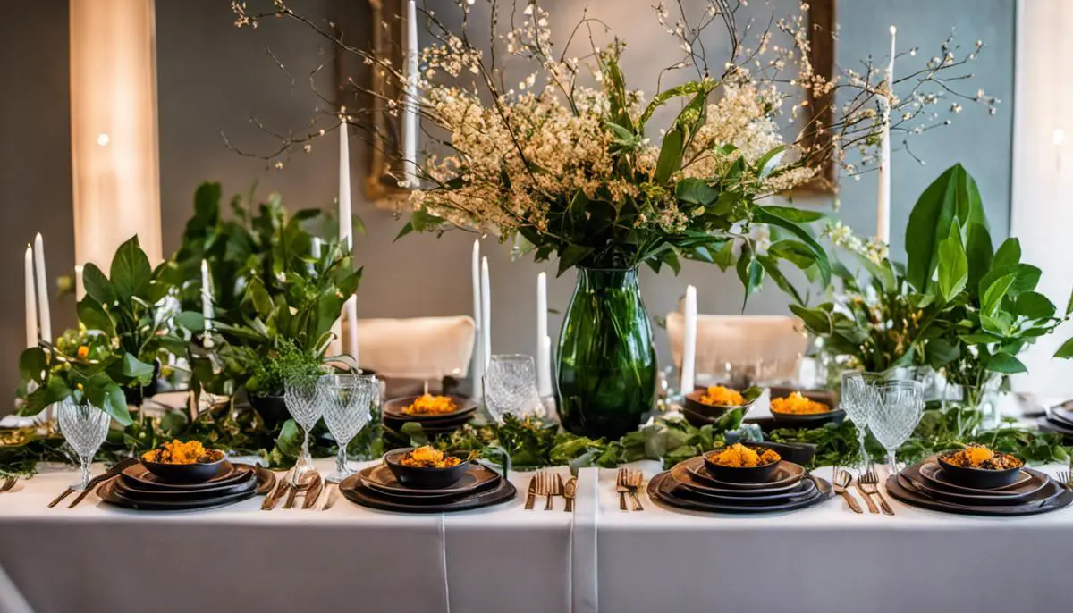 A Beautifully Set Table For A Vegan Dinner Party With Sustainable Decorations And Plant-Based Materials.