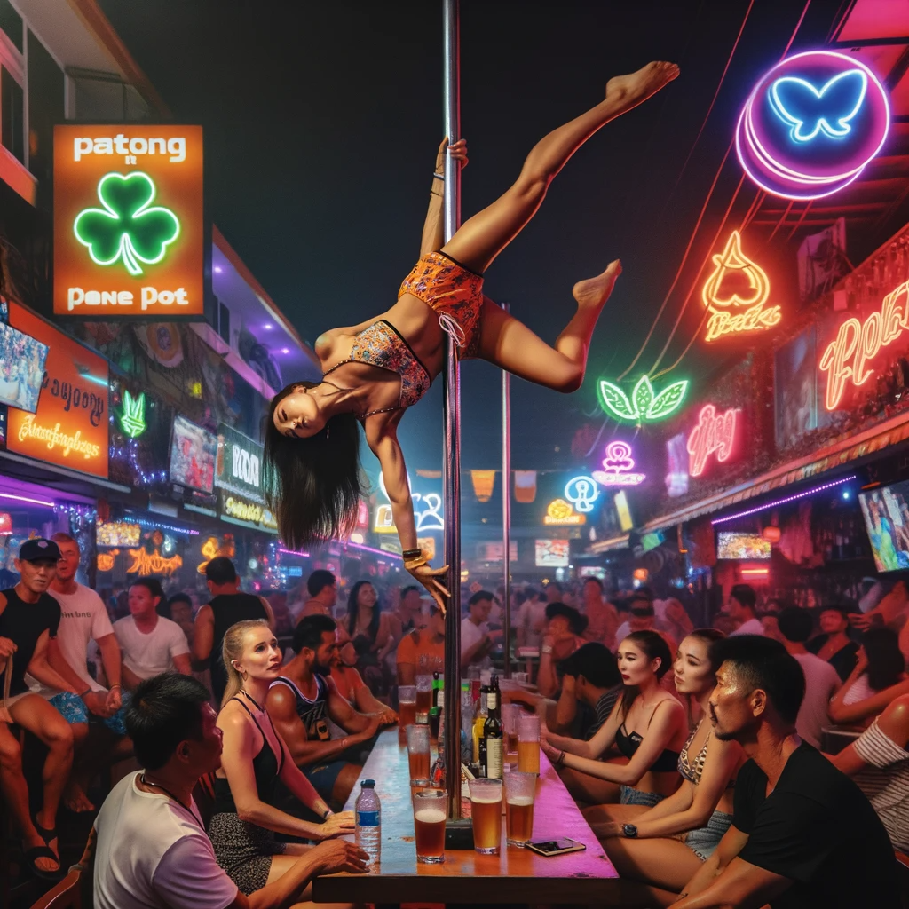 Dall·e 2023 10 29 14.08.47 Photo Capturing The Essence Of Patong Beachs Nightlife. In The Midst Of A Colorful Bar A Woman Of Asian Descent Showcases Her Pole Dancing Skills By