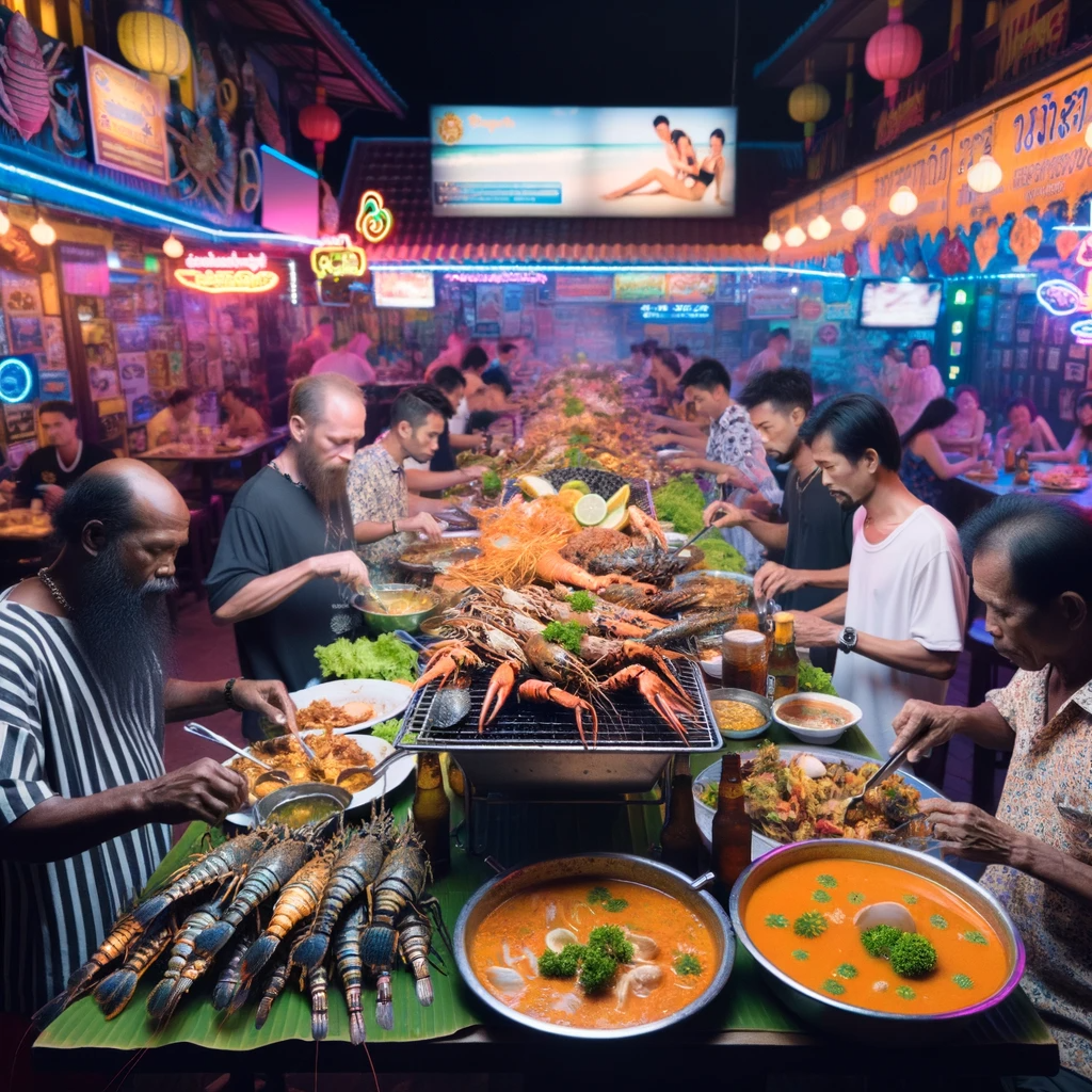 Dall·e 2023 10 29 14.29.24 Photo Capturing The Essence Of A Typical Bar Near Patong Beach. The Main Attraction Is A Grand Buffet Spread Where Freshly Grilled Seafood From The A