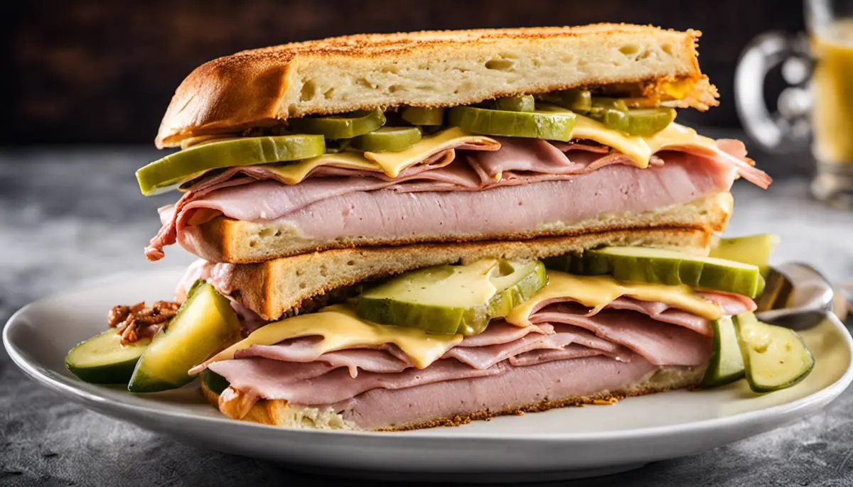 Image Of A Delicious Cuban Sandwich With Roast Pork, Ham, Swiss Cheese, Pickles, Mustard, And Crispy Cuban Bread.