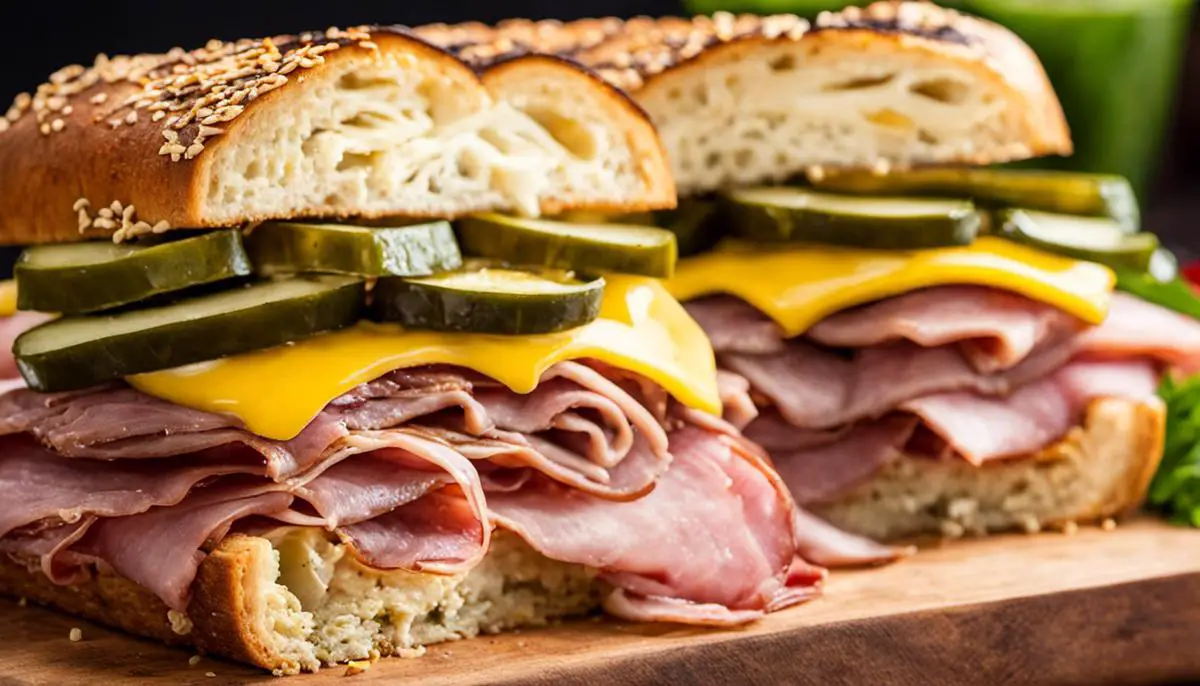 A Delicious Cuban Sandwich With Fresh Ingredients, Showcasing Layers Of Ham, Pork, Swiss Cheese, Pickles, Mustard, And Salami On Cuban Bread, Indicating The Authentic Taste Of Cuba.