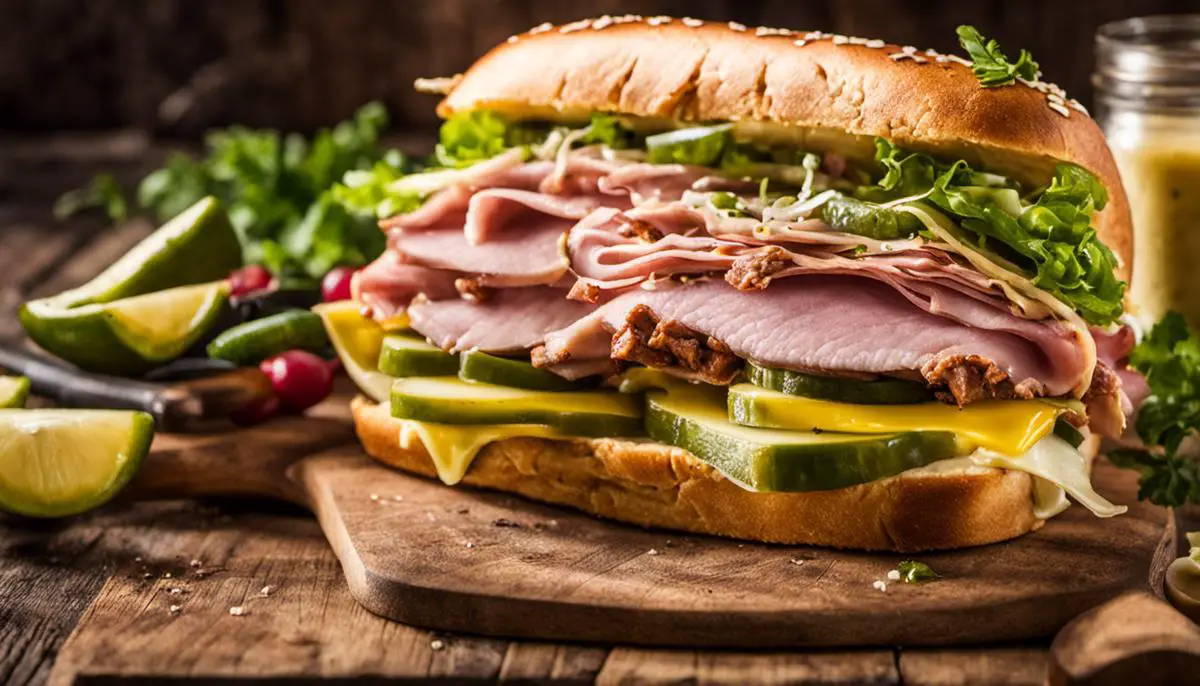 Image Of A Deliciously Prepared Cuban Sandwich With Roasted Pork, Glazed Ham, Swiss Cheese, Pickles, Mustard, And Cuban Bread, Reflecting The Authentic Flavors And Ingredients. - Best Cuban Sandwiches