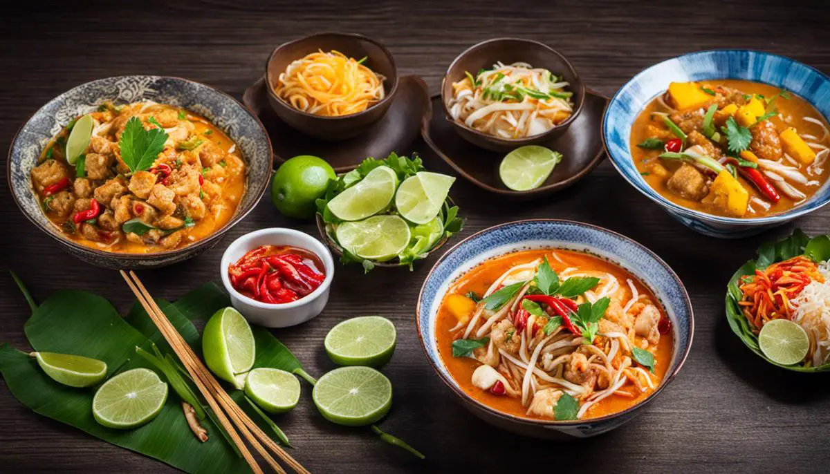 A Vivid And Colorful Image Showing Various Thai Street Food Dishes, Including Pad Thai, Som Tam, Massaman Curry, And Mango Sticky Rice.