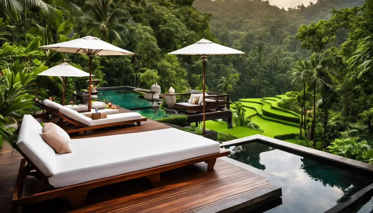 A Serene Image Of Como Shambhala Estate In Bali, Surrounded By Lush Greenery And Terraced Rice Fields.