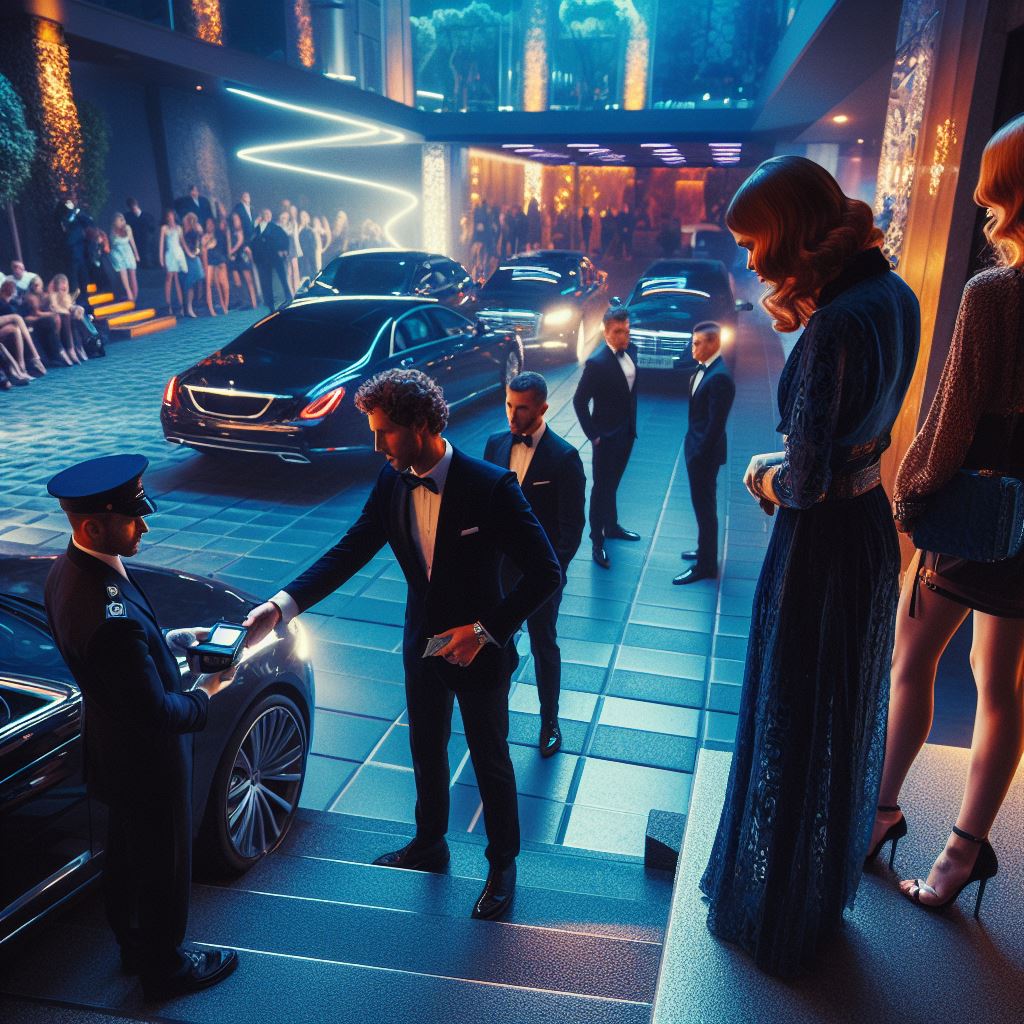 A Photo Capturing The Moment A Stylish Patron Extends A Gratuity To A Vigilant Security Personnel At The Entrance Of An Exclusive Gentleman's Club. The Parking Area Leading To The Club Is A Display Of Luxury, With Valet Attendants Managing High-End Vehicles And A Queue Of Eager Guests Waiting To Enter. The Environment Is Bathed In Vibrant, Elaborate Lighting That Adds A Sense Of Anticipation And Excitement. Observing The Exchange, Chic And Impeccably Dressed Ladies Stand Nearby, Their Elegant Presence Complementing The Upscale And Lively Atmosphere Of The Club's Exterior.