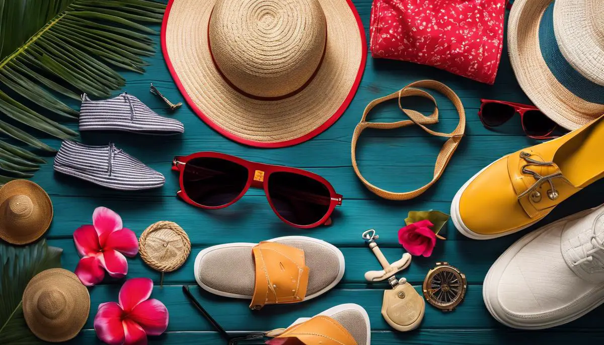 A Picture Of Various Items Packed For A Cruise, Including Swimwear, Sunglasses, Shoes, And A Wide-Brimmed Hat.
