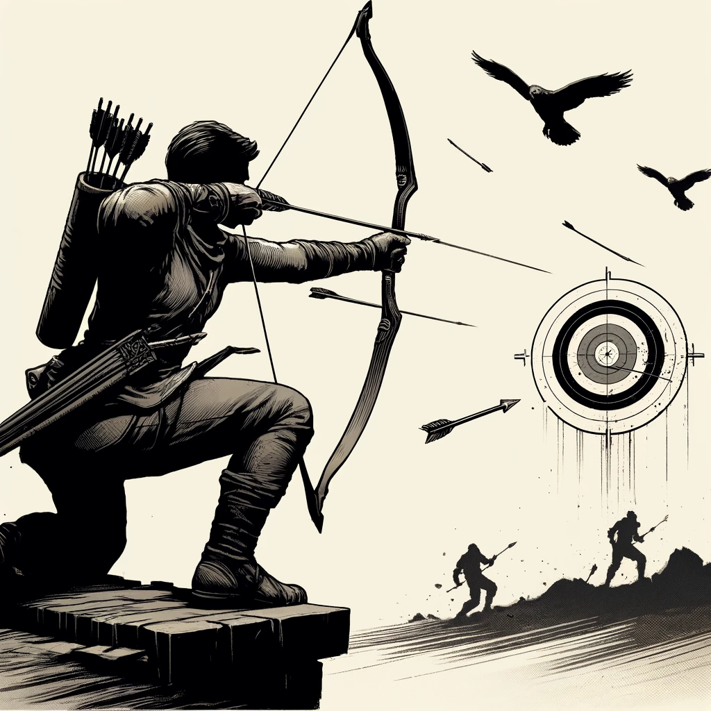 DALL·E 2024 05 16 06.52.46 An agile archer using the Sharpshooter feat to take down enemies from a great distance. The archer is perched on a high ledge drawing a bow with prec