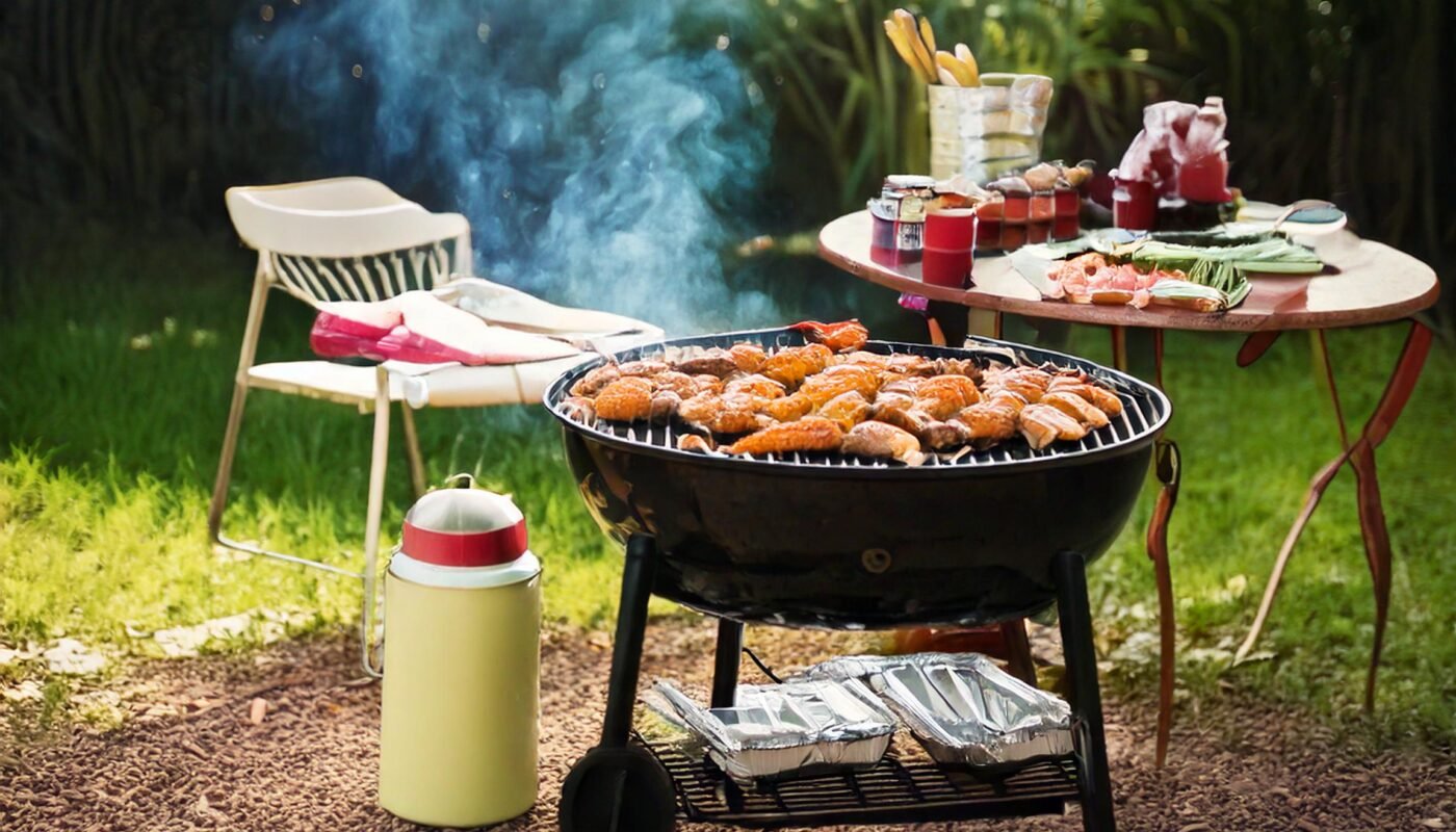 A Barbecue Grill With Food And Drinks On It