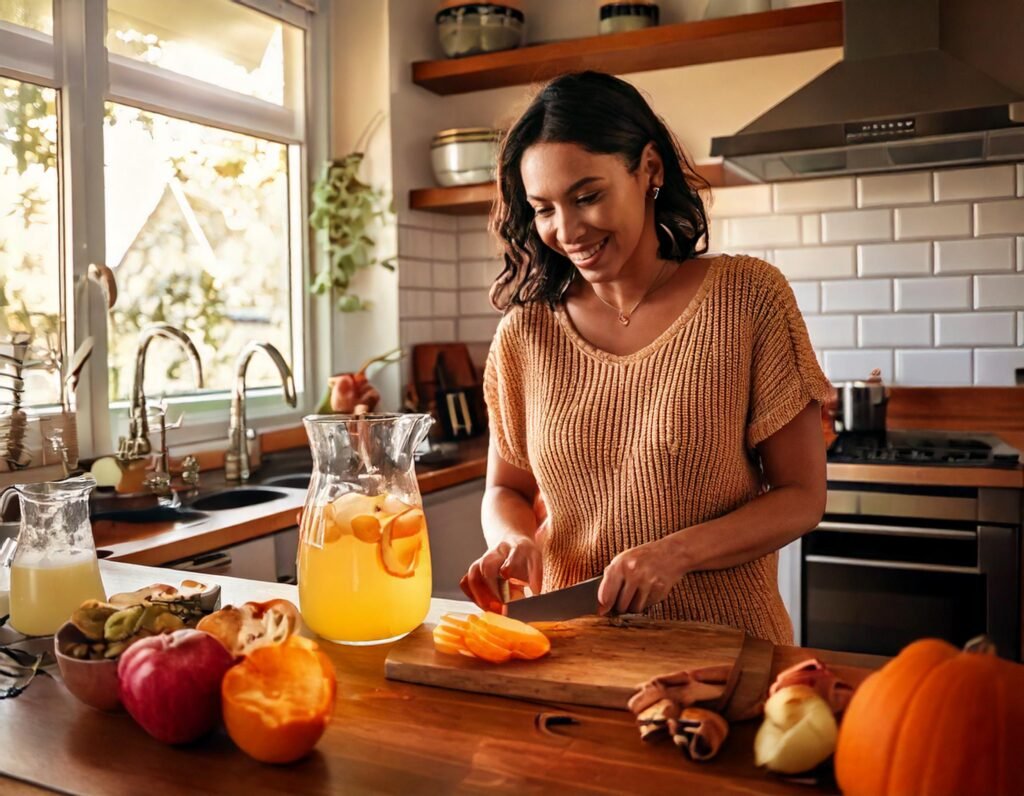 Firefly Generate A 35Mm Photo Quality Image Of A Pretty Woman In A Cozy Warmly Lit Kitchen Setting