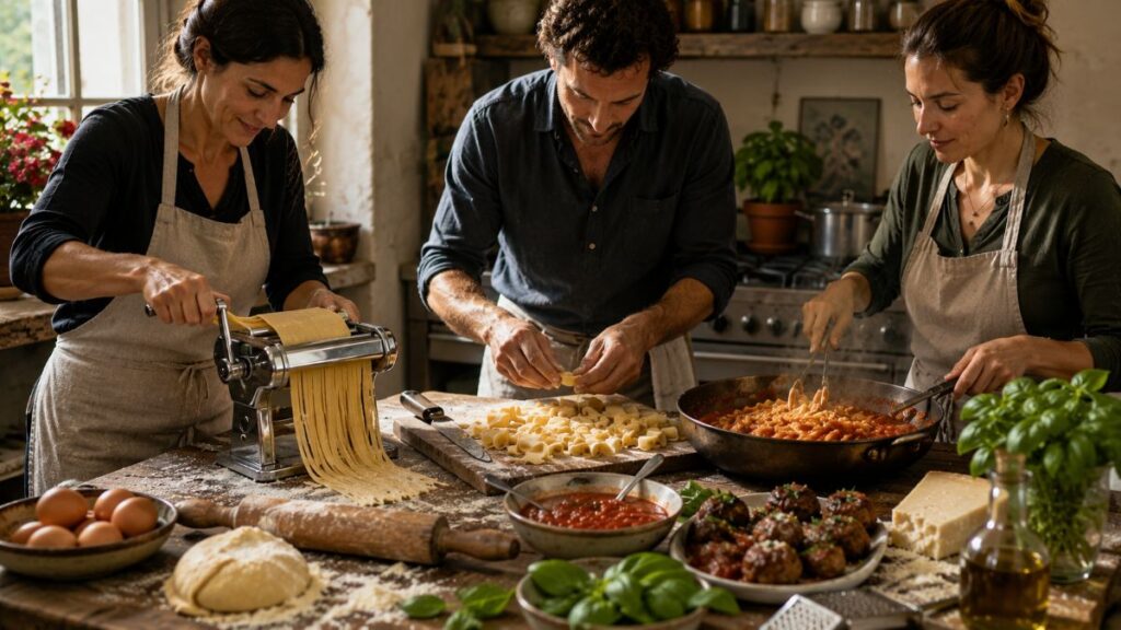 Three People Preparing Pasta Together.