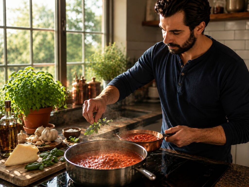 Man Cooking Sauce In Kitchen