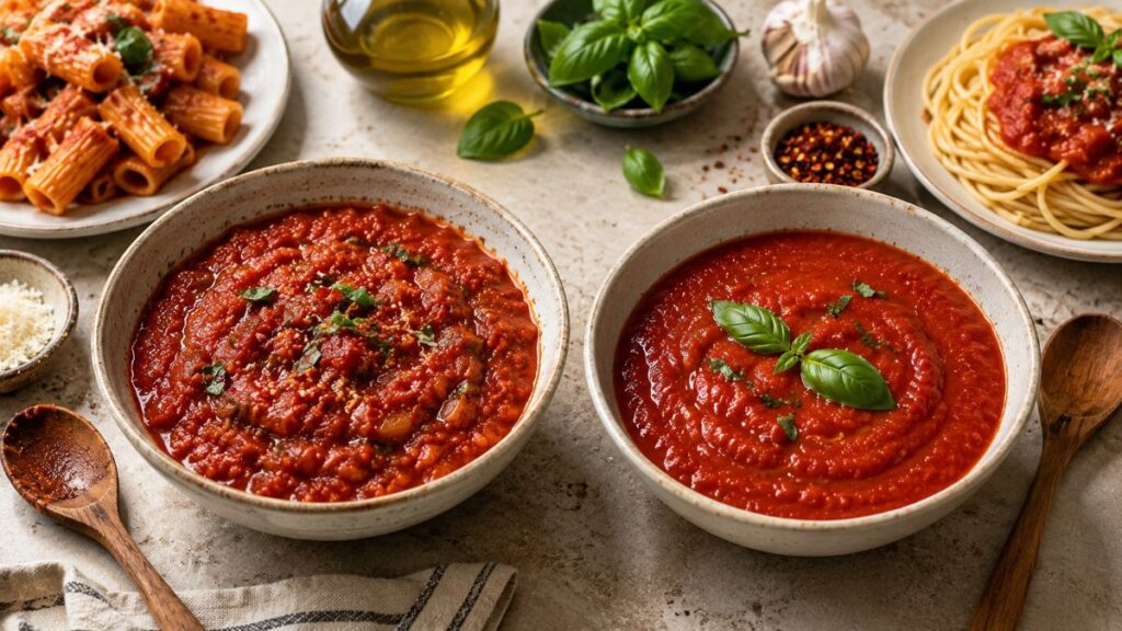 Two Bowls Of Tomato Sauce With Basil
