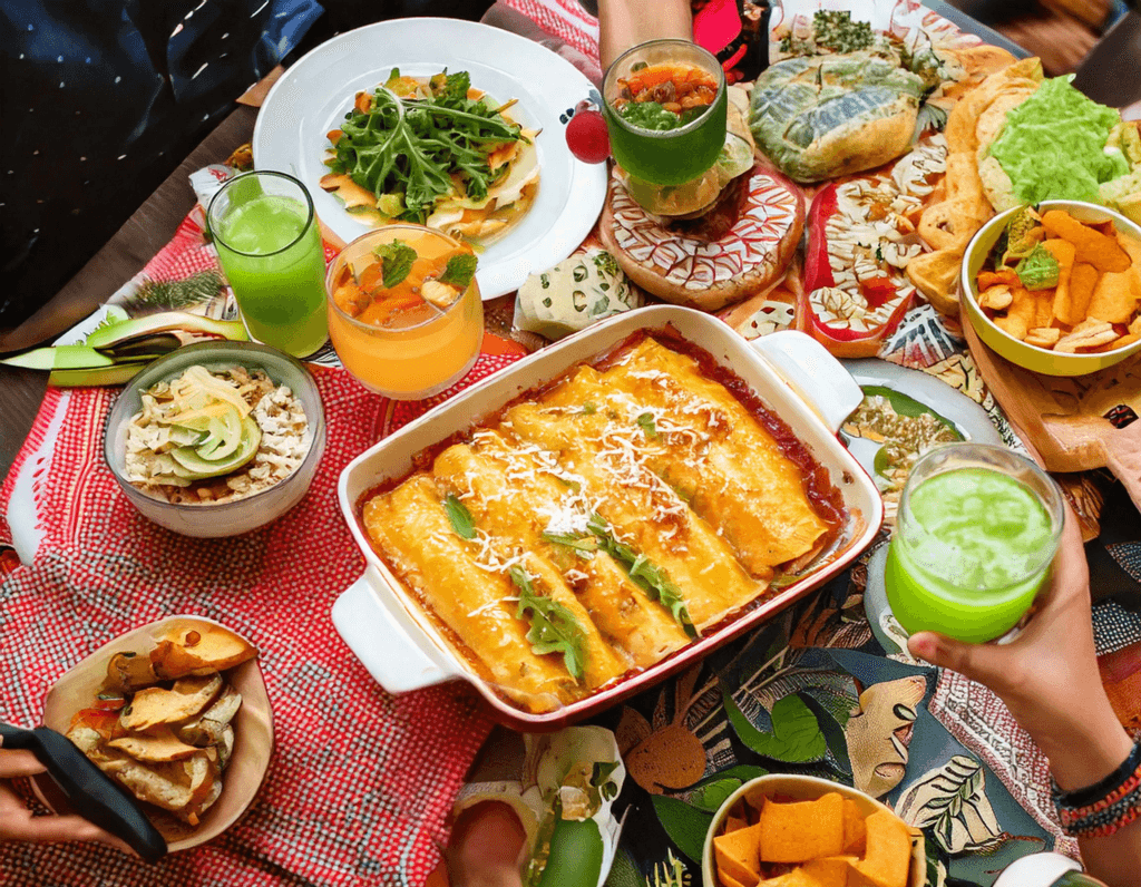 A Table With Food And Drinks With Green Chicken Enchiladas
