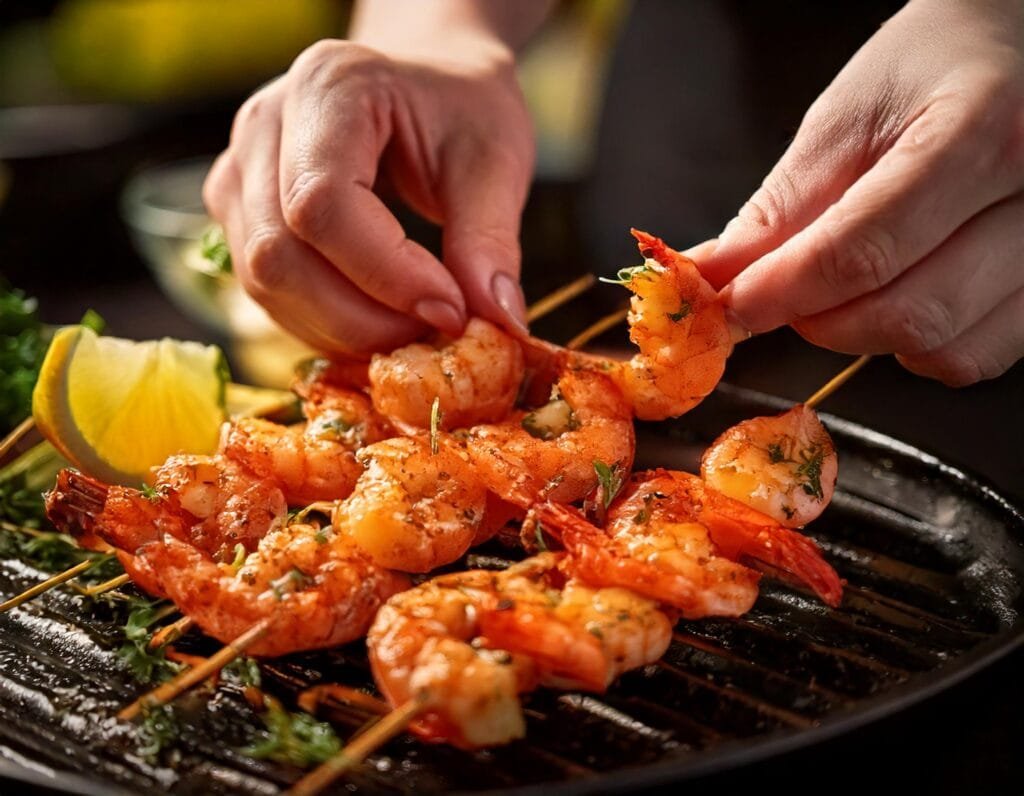 A Person Holding Shrimp On Southwestern Shrimp Skewers
