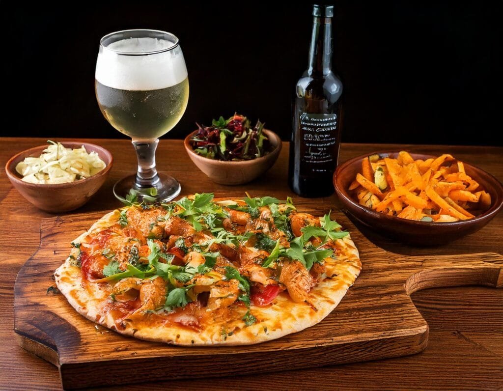 A Pizza On A Cutting Board Next To A Glass Of Beer