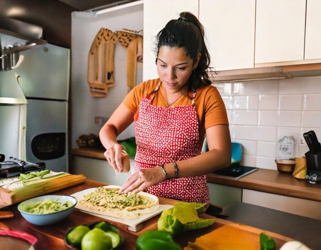 A Woman In A Red Apron Making Food