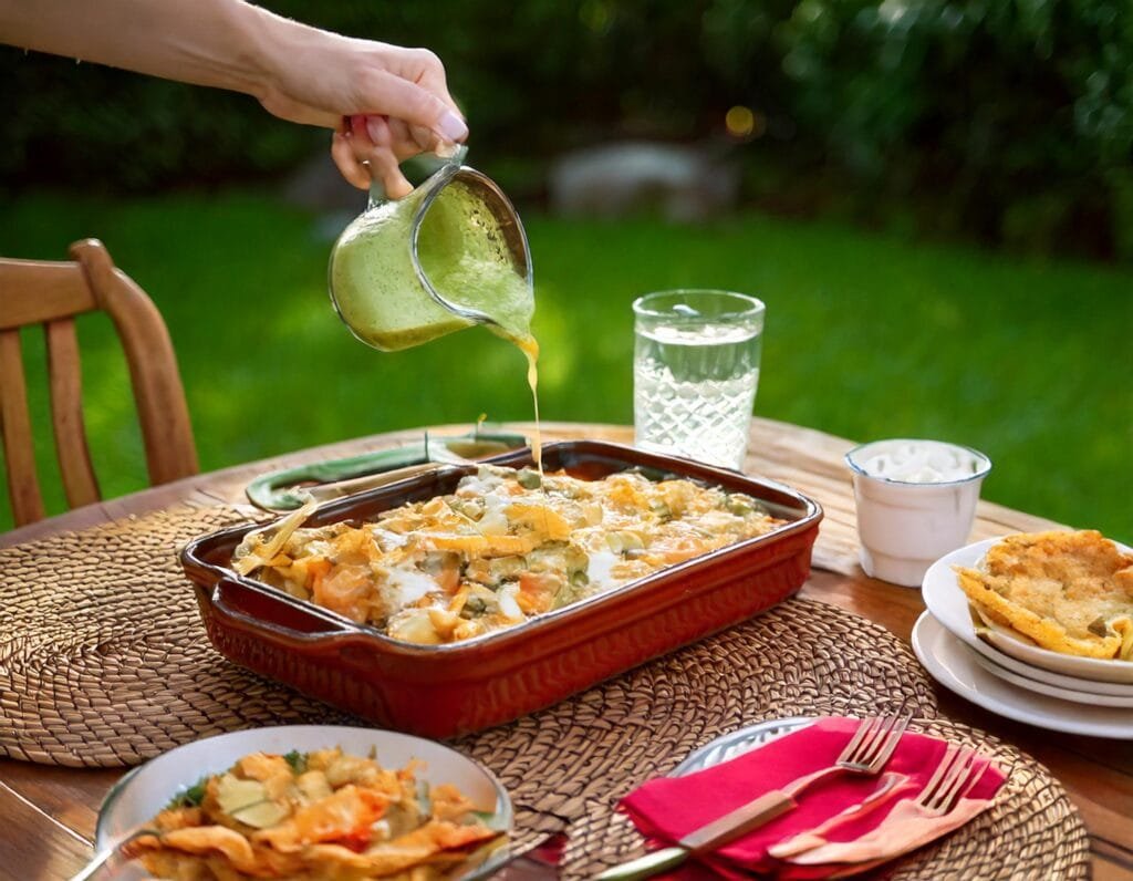 A Person Pouring Green Sauce Into A Casserole Dish