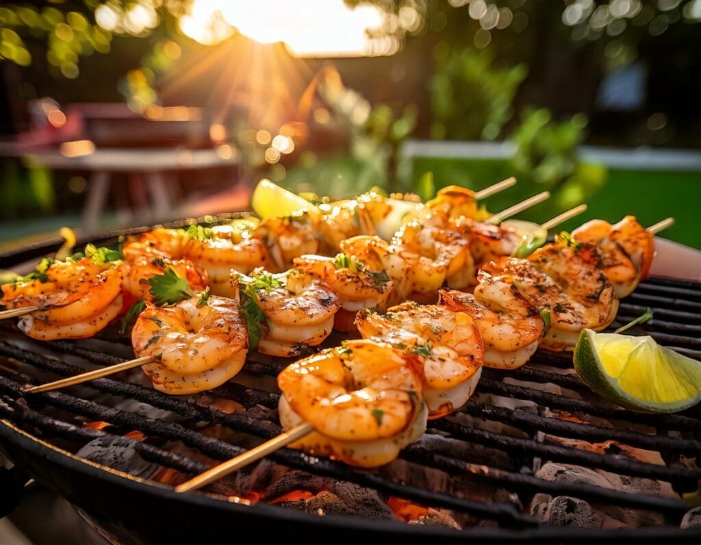 Firefly Recipe Essence A 35Mm Photo Of Shrimp Skewers Sizzling On A Grill Garnished With Cilantro