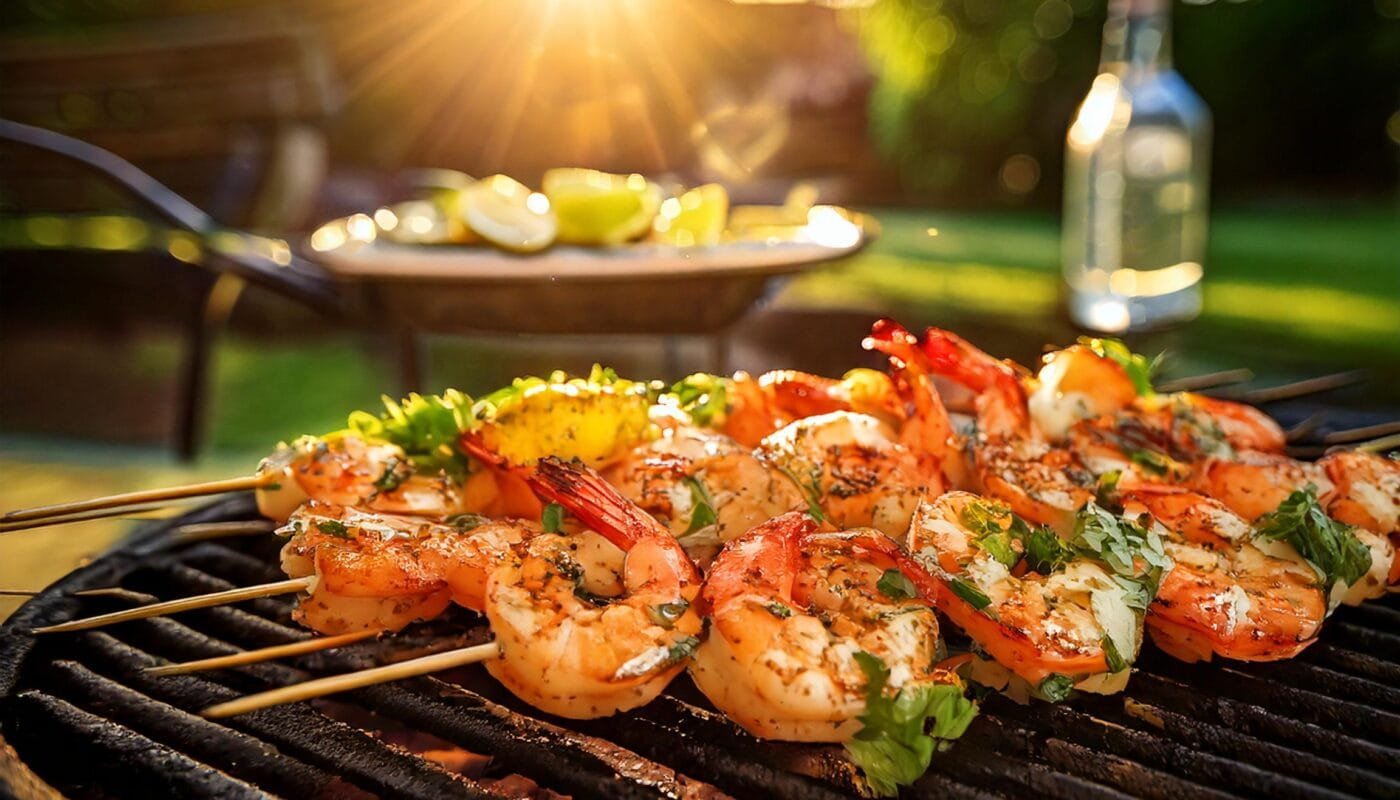 Firefly Recipe Essence A 35Mm Photo Of Shrimp Skewers Sizzling On A Grill Garnished With Cilantro 1