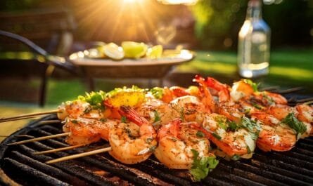 Firefly Recipe Essence A 35Mm Photo Of Shrimp Skewers Sizzling On A Grill Garnished With Cilantro 1