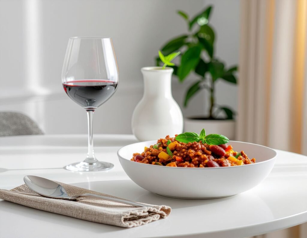 Chili Mac With Wine And Plant.