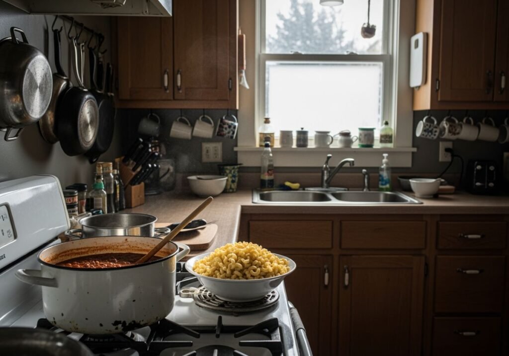 Pasta And Sauce Cooking In Kitchen