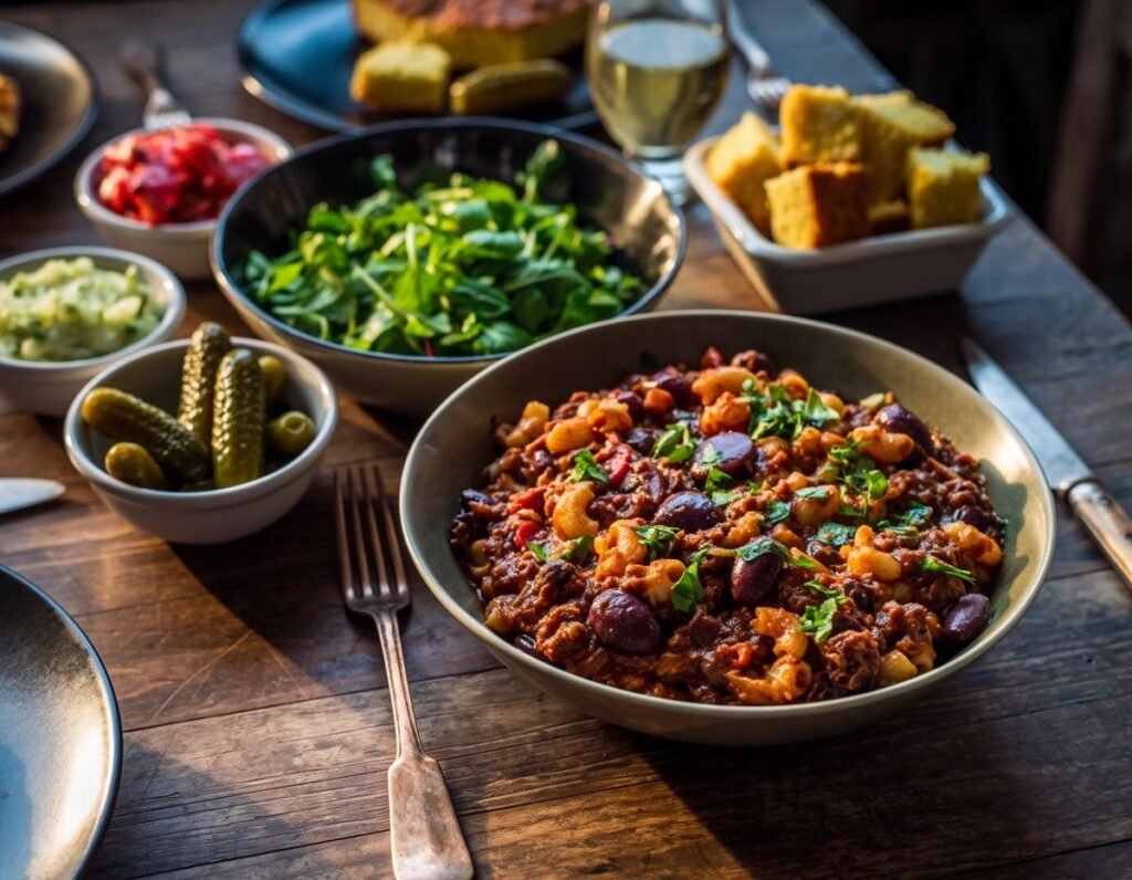 Dinner Table Scene Featuring A Bowl Of Chili Mac Surrounded By Simple Side Dishes