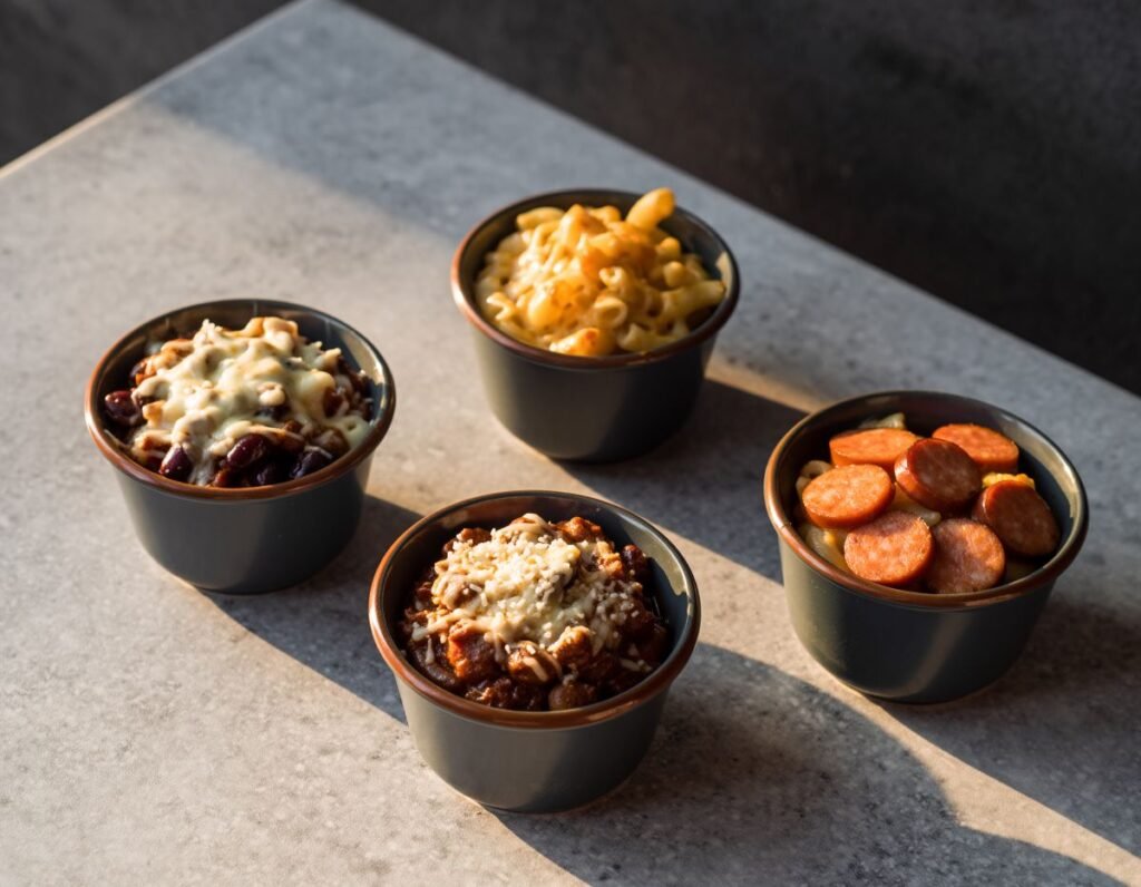 Four Bowls Of Chili Mac Dishes