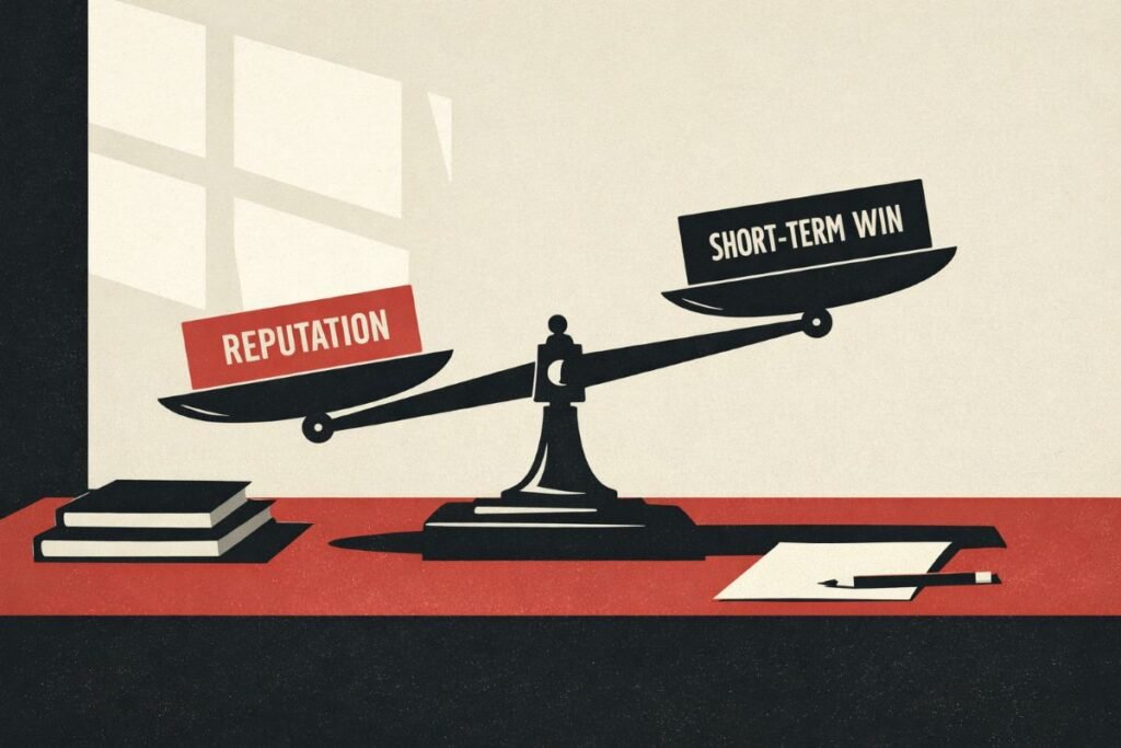 Scales Balancing Reputation And Short-Term Win