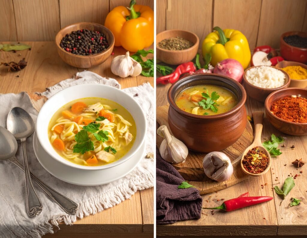 Two Soups With Vibrant Ingredients Displayed.  Chicken Noodle Soup Recipe