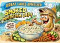 Mad-Style Cartoon Of A Big Bowl Of Smoked Whitefish Dip With Crackers And Veggies On A Tabletop