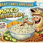 Mad-Style Cartoon Of A Big Bowl Of Smoked Whitefish Dip With Crackers And Veggies On A Tabletop