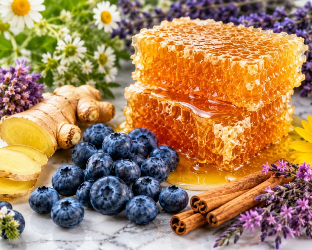 Honey, Ginger, Blueberries, And Flowers.