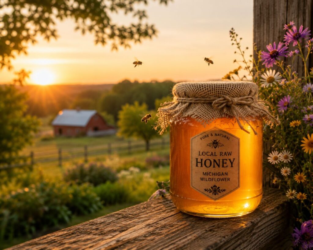 Jar Of Honey With Sunset Backdrop