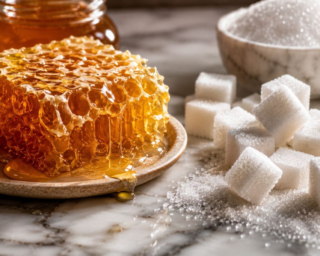 Honeycomb With Sugar Cubes Nearby