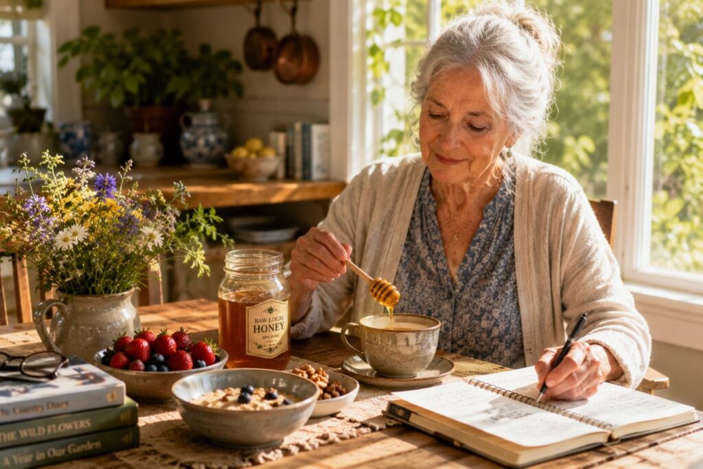 Elderly Woman Enjoying Honey And Tea