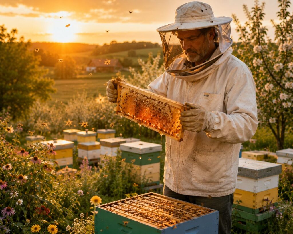 Beekeeper Harvesting Honey At Sunset.