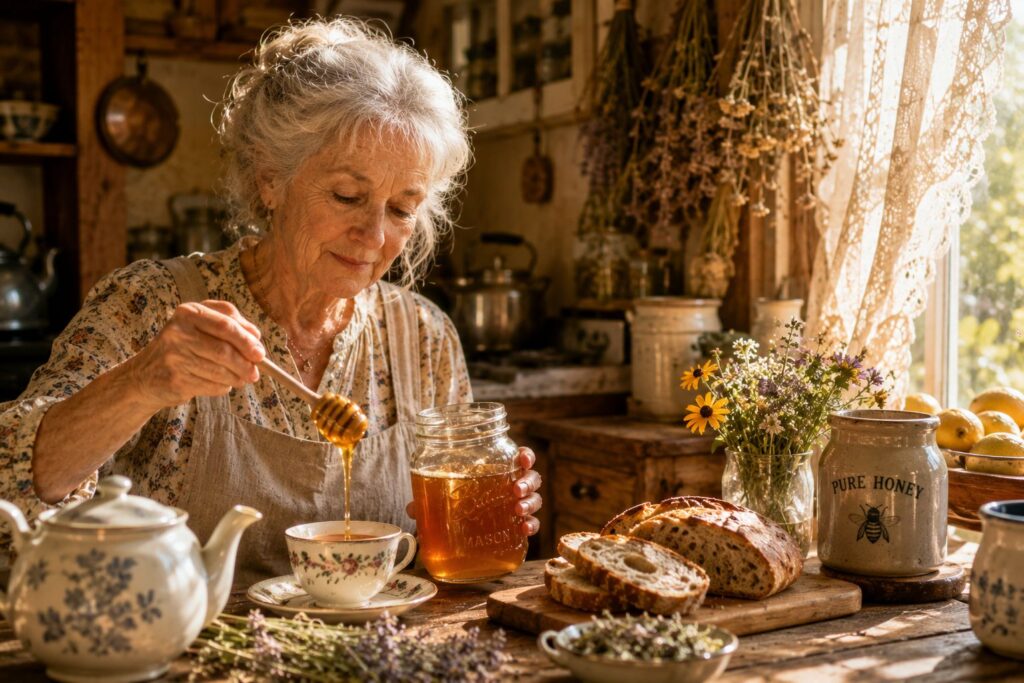 Elderly Woman Pouring Honey Into Tea